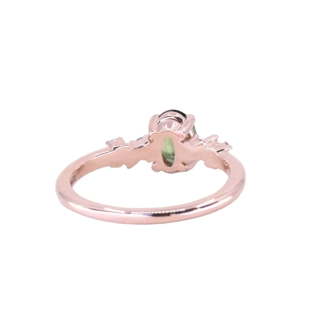 0.77ct Green Australian Oval Sapphire and Diamond Starry Night Low Profile Solitaire in 14k Rose Gold