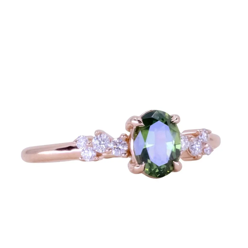 0.77ct Green Australian Oval Sapphire and Diamond Starry Night Low Profile Solitaire in 14k Rose Gold