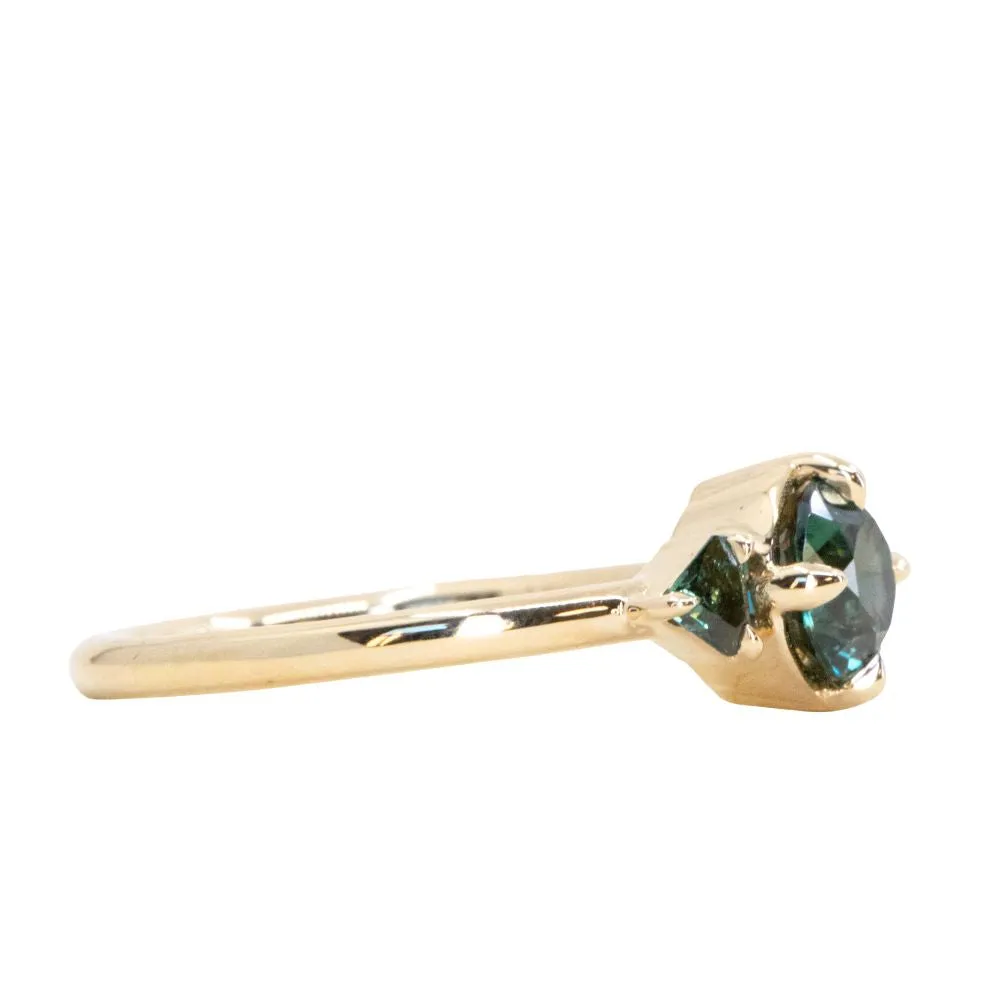 0.98ct Songean Deep Teal Green Sapphire and Trillion Parti Sapphire Low Profile Ring in 14k Yellow Gold