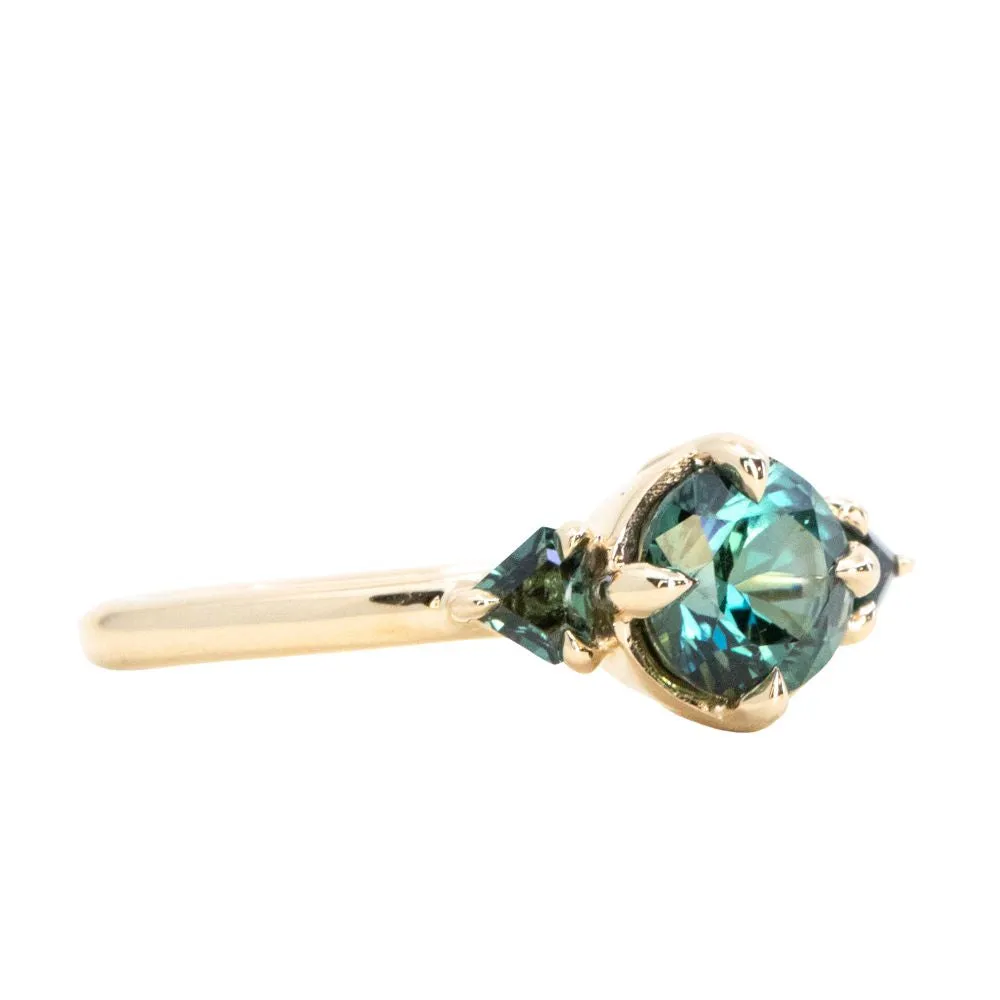 0.98ct Songean Deep Teal Green Sapphire and Trillion Parti Sapphire Low Profile Ring in 14k Yellow Gold