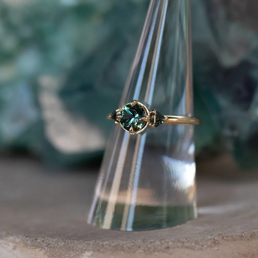 0.98ct Songean Deep Teal Green Sapphire and Trillion Parti Sapphire Low Profile Ring in 14k Yellow Gold