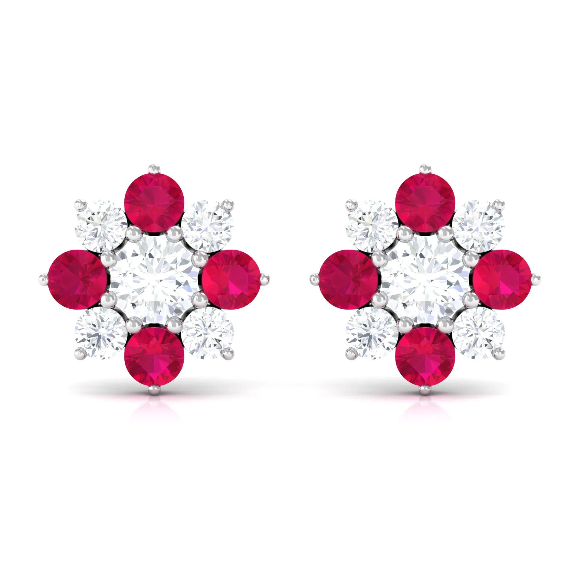 1 CT Diamond and Ruby Floral Stud Earrings