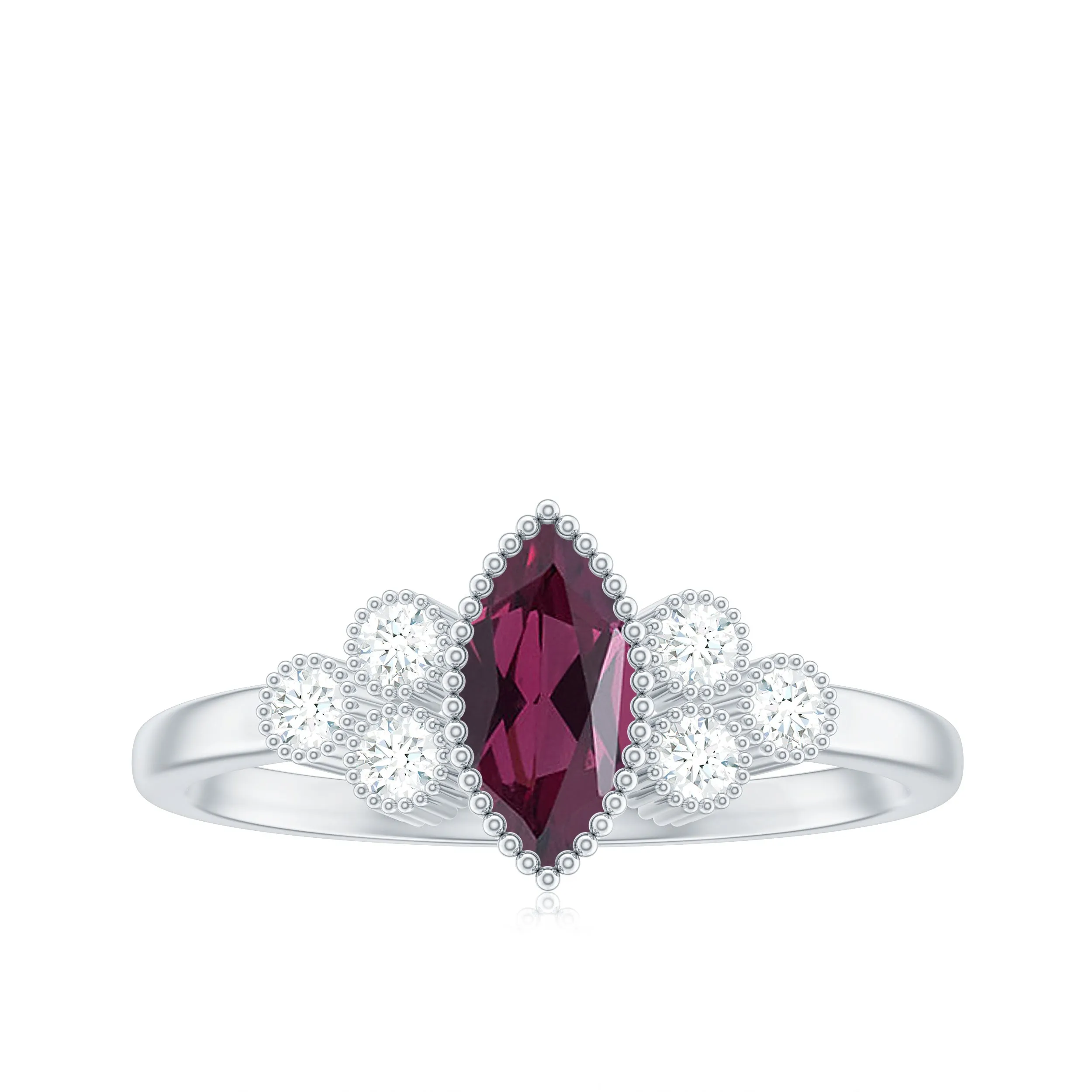 1 CT Natural Rhodolite Solitaire Ring with Diamond Trio