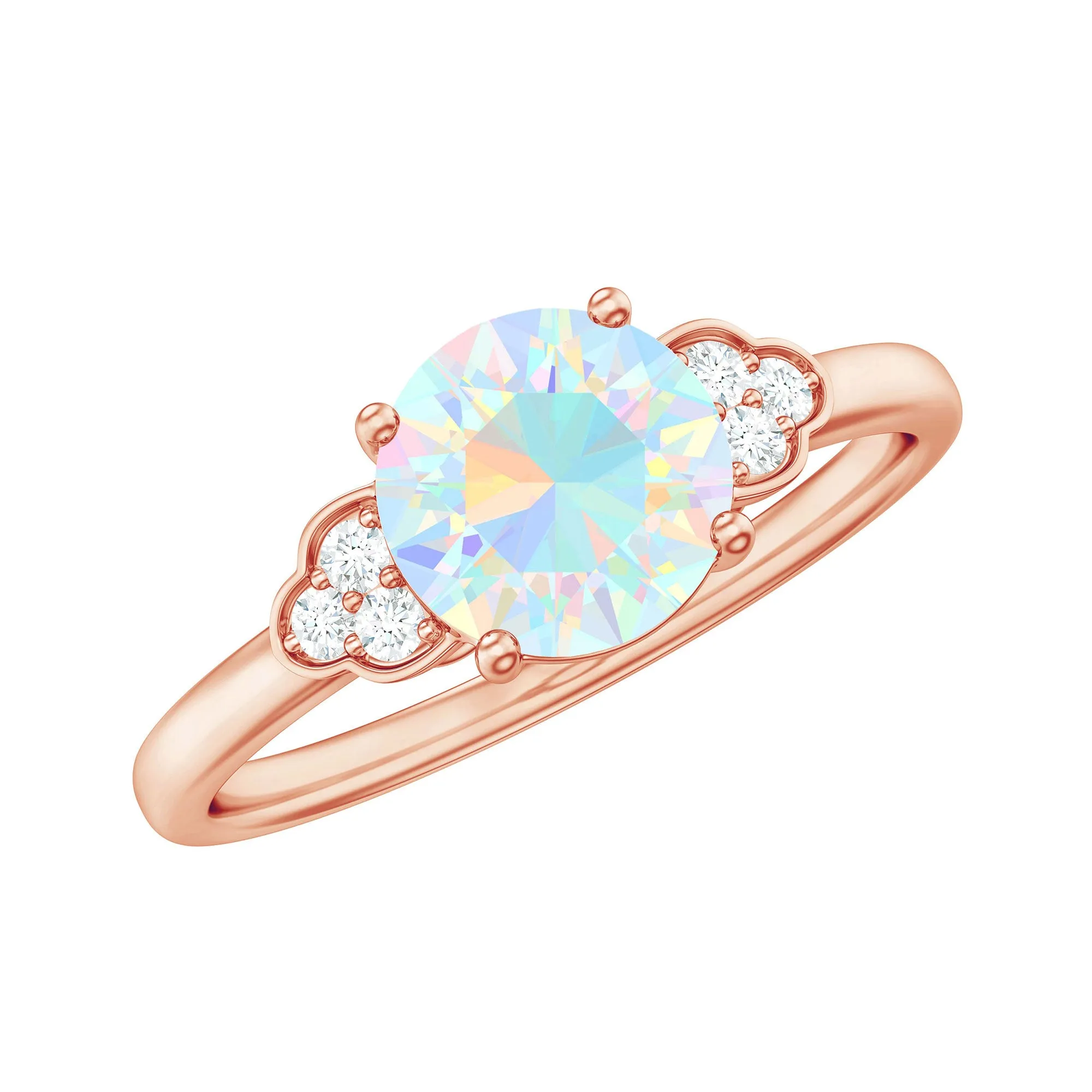 1 CT Round Ethiopian Opal Solitaire Ring with Diamond Trio