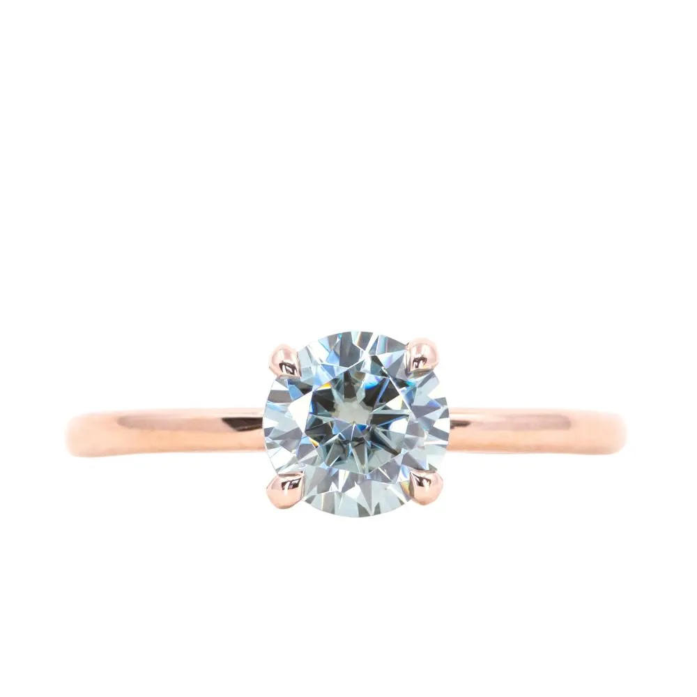 1.00ct Round Blue/Grey Moissanite 4 Prong Classic Solitaire in 14k Rose Gold