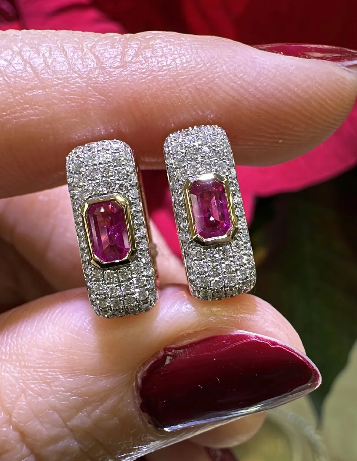 1.00ct tw Ruby and Pave Diamond Square Hoop Earrings