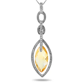 10k White Gold Long Dangle Citrine and Diamond Halo Gemstone Pendant Necklace, Birthstone of November