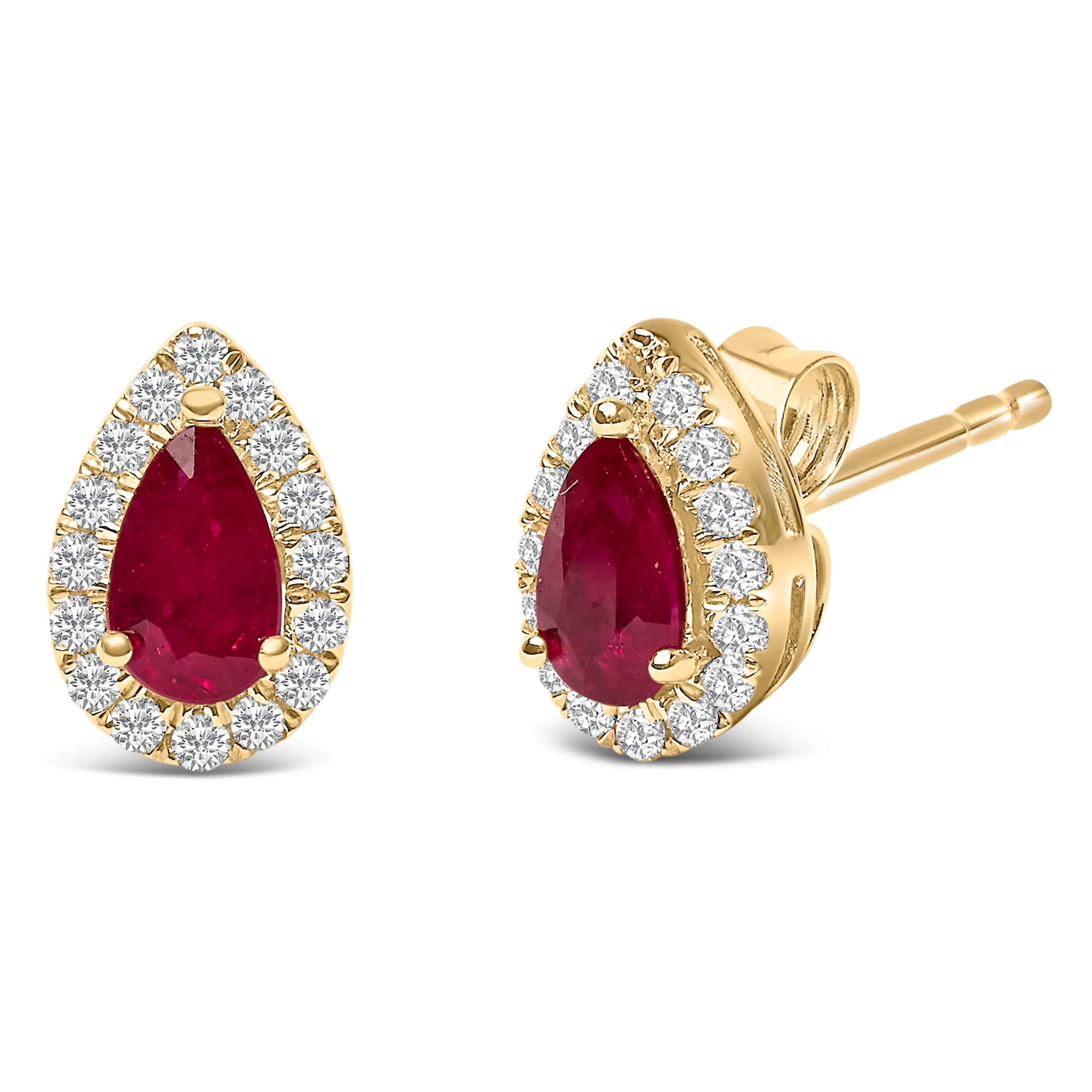 10K Yellow Gold 5X3 MM Pear-Cut Ruby and 1/7 Cttw Diamond Halo Stud Earrings