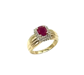 10k Yellow Gold Oval Ruby Ring with Diamond Accent Halo