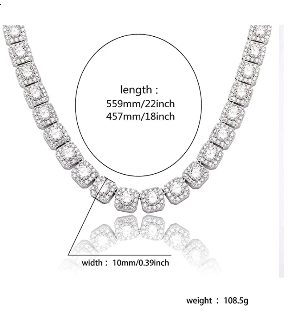 10mm Diamond Cluster Necklace Solitaire Cluster Chain Hip Hop Jewelry Wedding Princess Rapper Gold Silver Metal Alloy 18 - 22in.