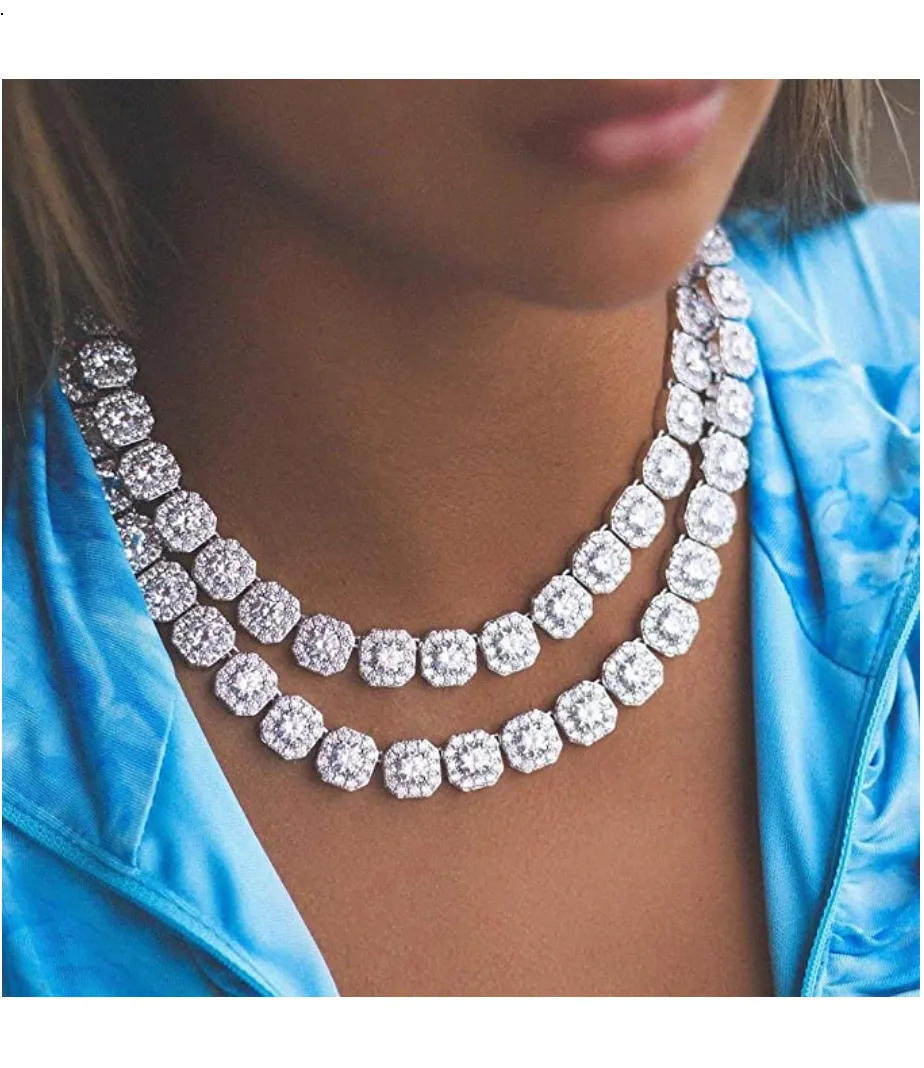 10mm Diamond Cluster Necklace Solitaire Cluster Chain Hip Hop Jewelry Wedding Princess Rapper Gold Silver Metal Alloy 18 - 22in.