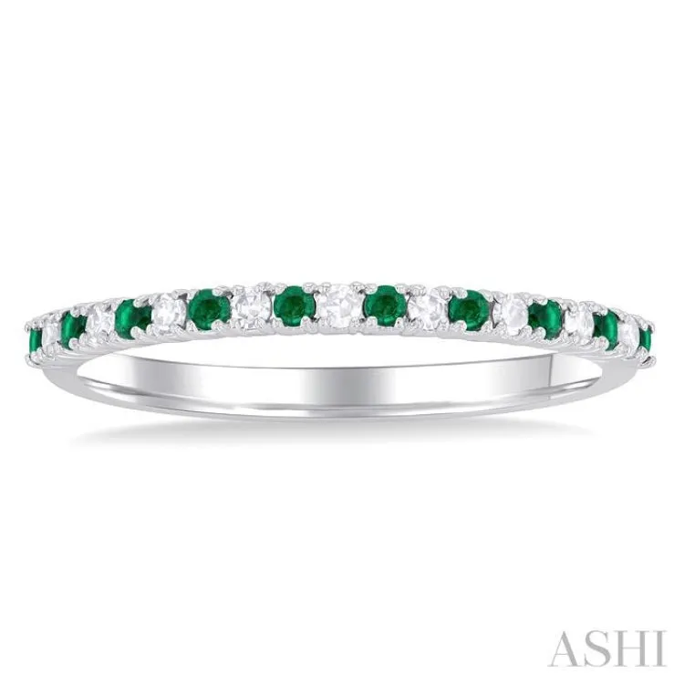 1/10 Ctw Petite 1.35 MM Emerald and Round Cut Diamond Precious Stack Band in 10K White Gold