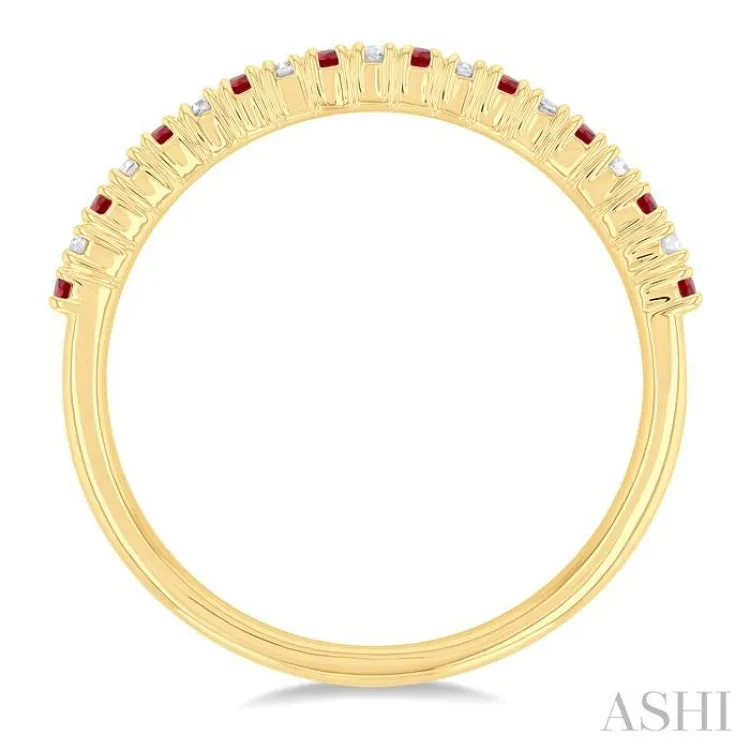 1/10 Ctw Petite 1.35 MM Ruby and Round Cut Diamond Precious Stack Band in 10K Yellow Gold