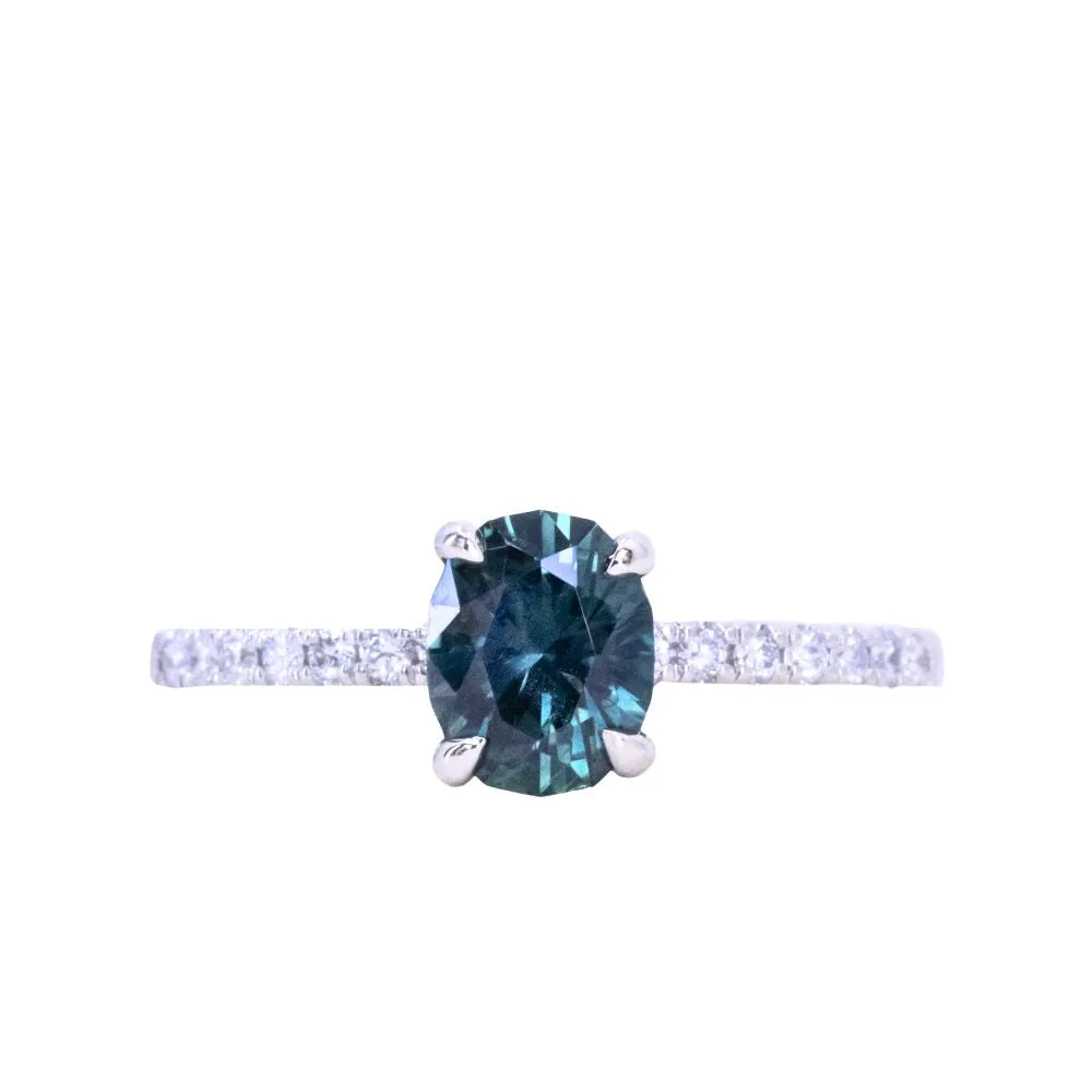 1.16ct Oval Moody Midnight Color Shifting Montana Sapphire and French Set Diamond Solitaire in 14K White Gold