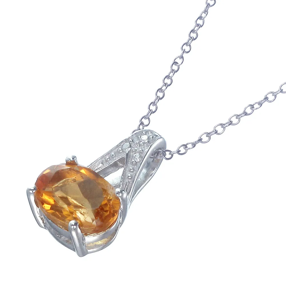 1.20 cttw Pendant Necklace, Citrine Oval Pendant Necklace for Women in .925 Sterling Silver with Rhodium, 18 Inch Chain, Prong Setting