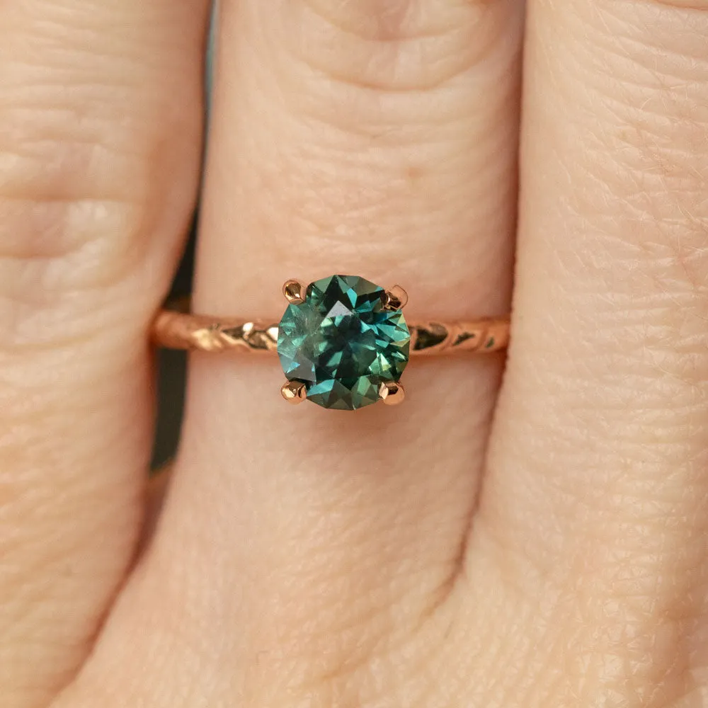 1.23ct Round Australian Teal Sapphire Evergreen Solitaire Ring in 14k Rose Gold