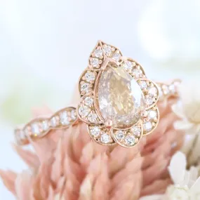 1.28 Ct Pear Champagne Diamond Ring in 14k Rose Gold Vintage Floral Ring, Size 6.75