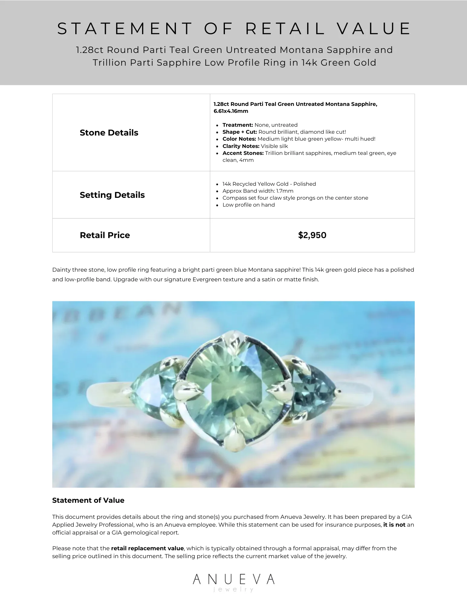 1.28ct Round Parti Teal Green Untreated Montana Sapphire and Trillion Parti Sapphire Low Profile Ring in 14k Green Gold