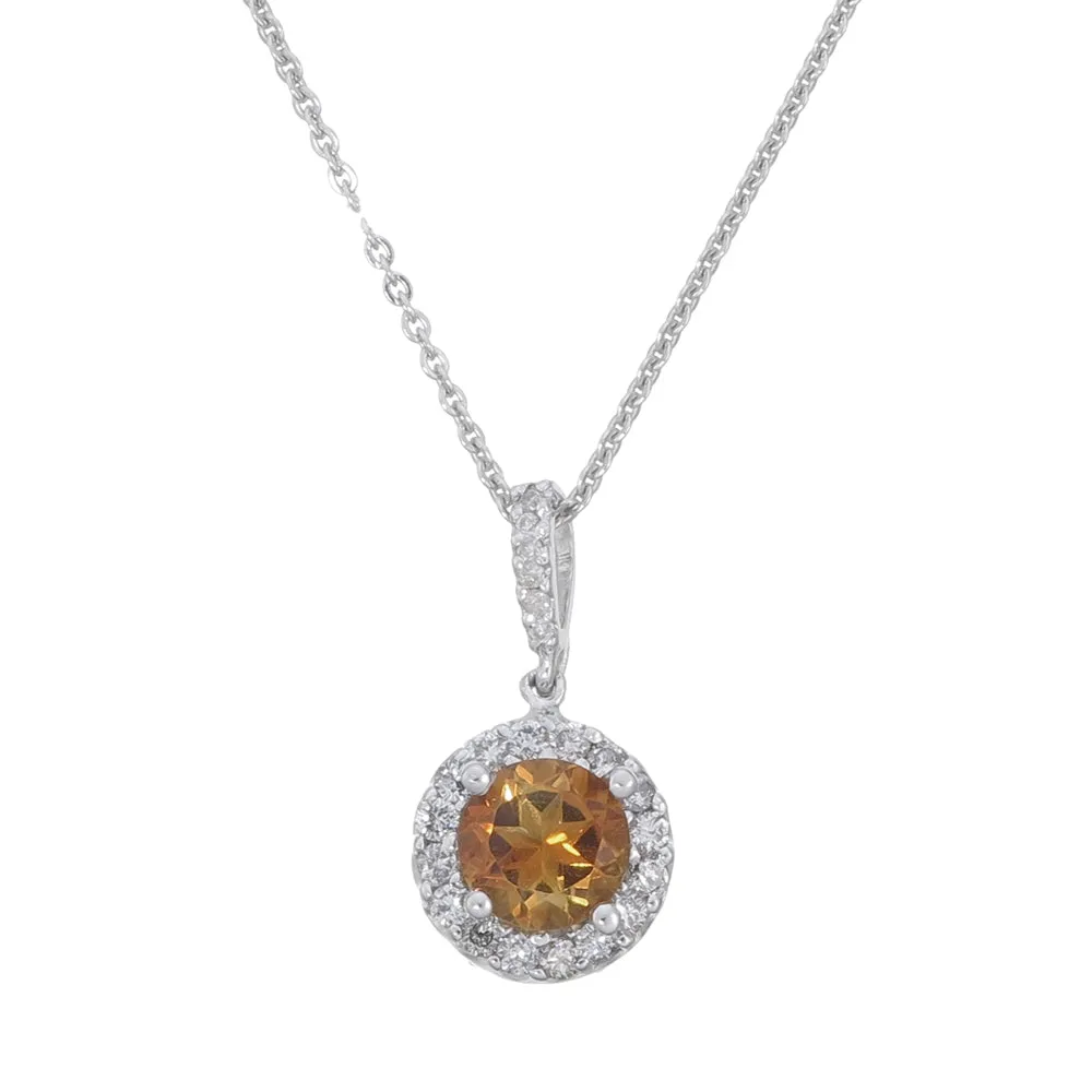 1.35 cttw Diamond Pendant, Citrine and Diamond Halo Pendant Necklace for Women in 14K White Gold with 18 Inch Chain, Prong Setting