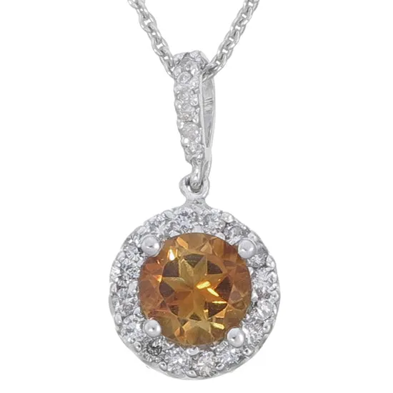 1.35 cttw Diamond Pendant, Citrine and Diamond Halo Pendant Necklace for Women in 14K White Gold with 18 Inch Chain, Prong Setting