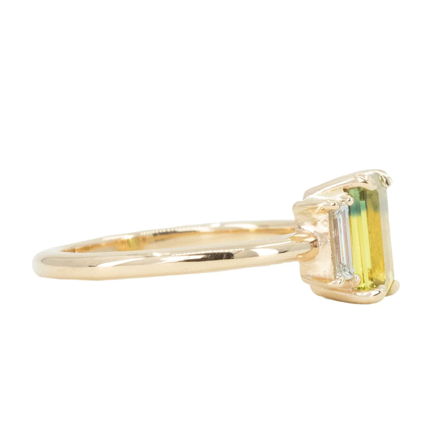 1.37ct Parti Emerald Cut Sapphire and Diamond Low Profile Three Stone Ring in 14k Yellow Gold