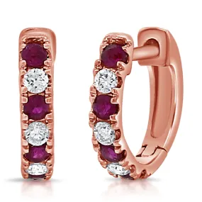 14K Gold Alternating Gemstone & Diamond Huggie Earrings