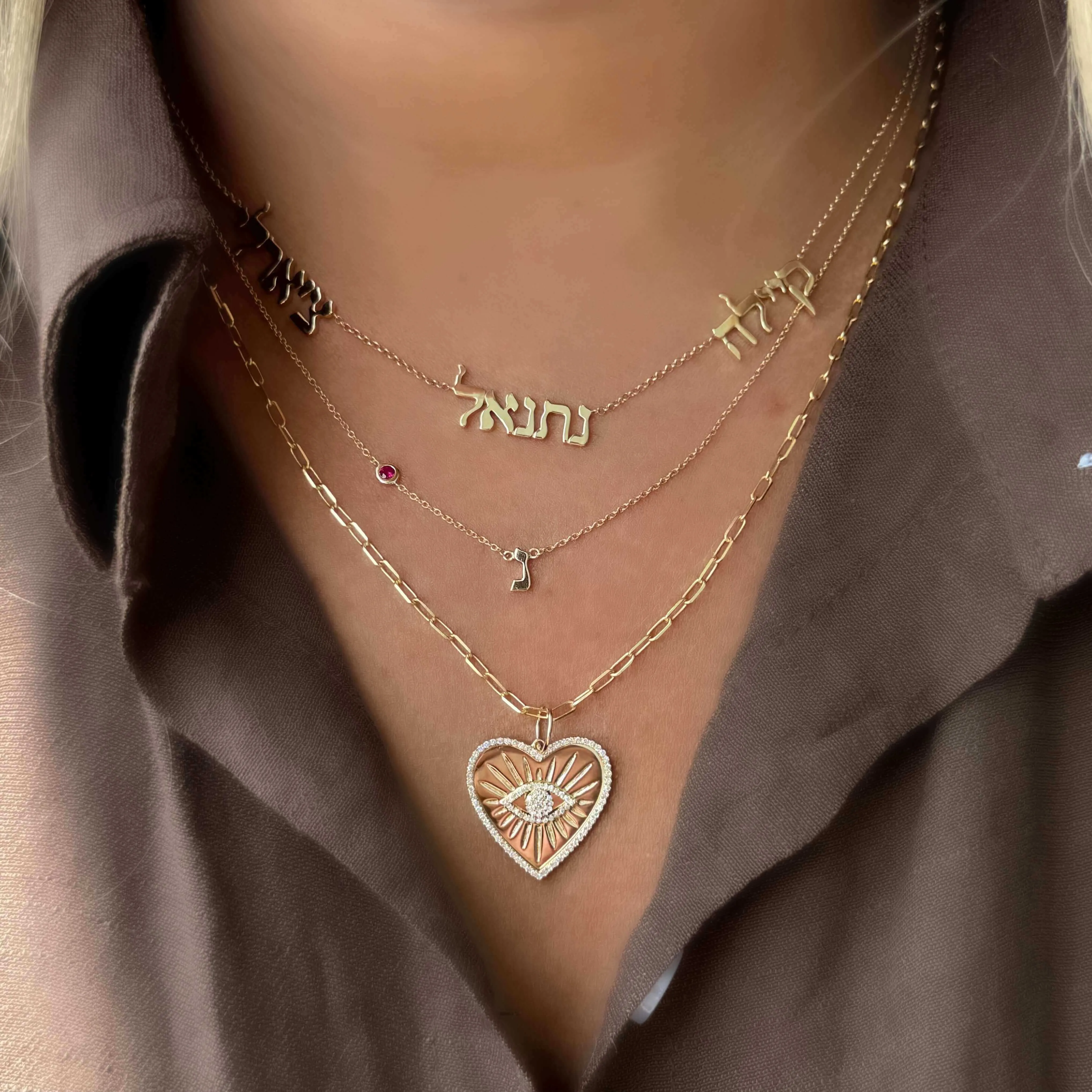 14K Gold Hebrew Initial Gemstone Bezel Necklace