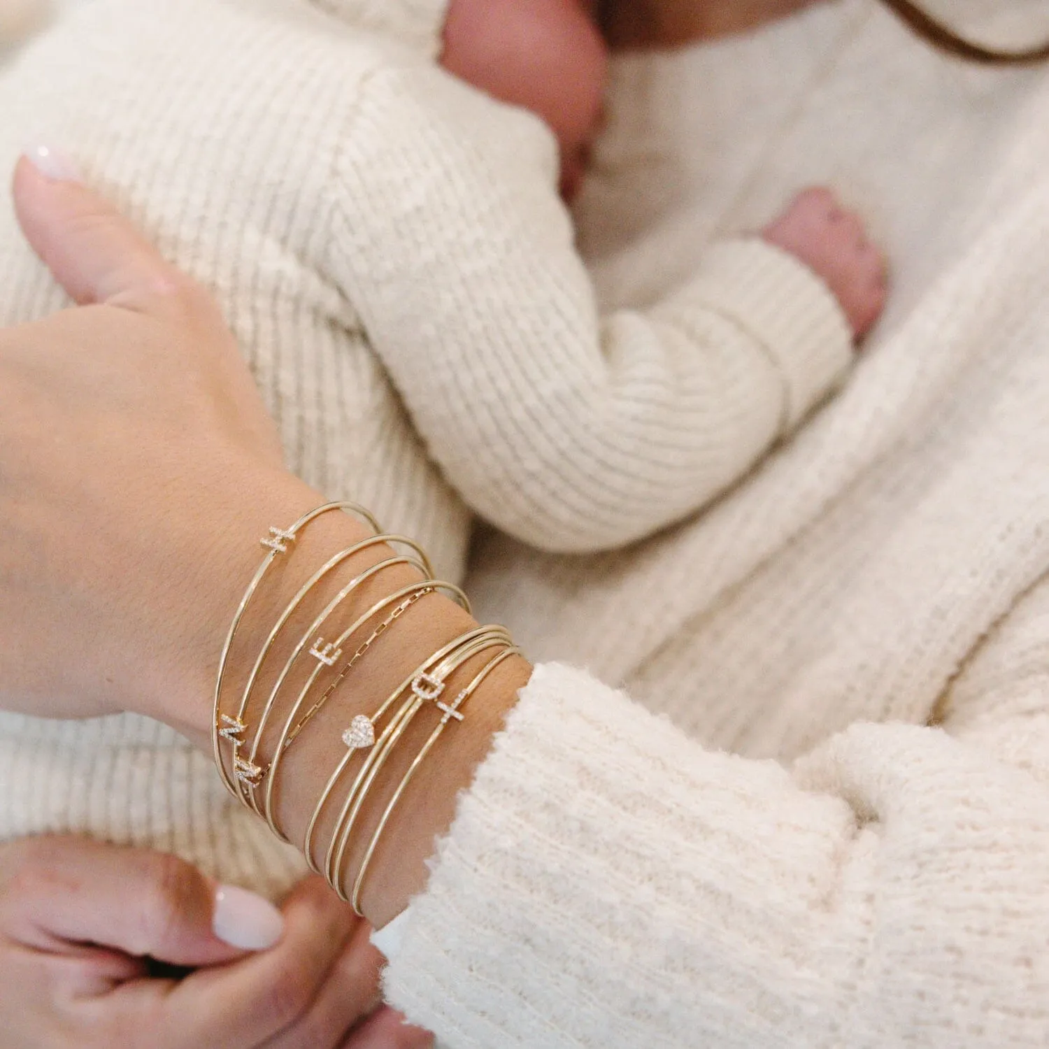 14k Gold Pavé Initial Bangle