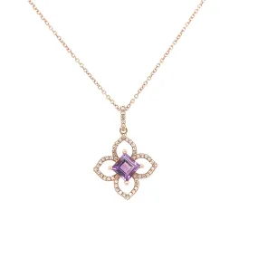 14K Rose Gold Amethyst and Diamond Flower Pendant Necklace Length 16"