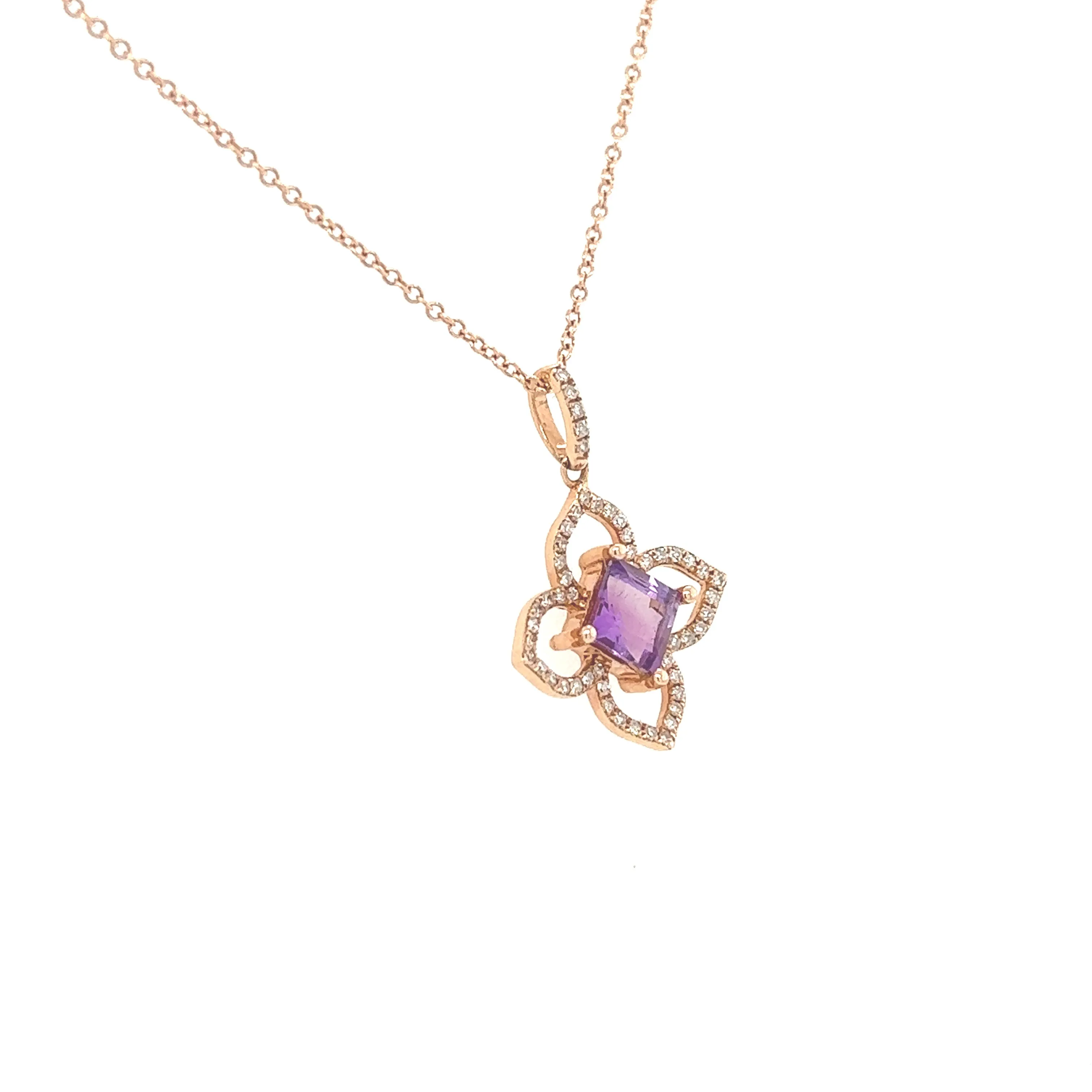 14K Rose Gold Amethyst and Diamond Flower Pendant Necklace Length 16"