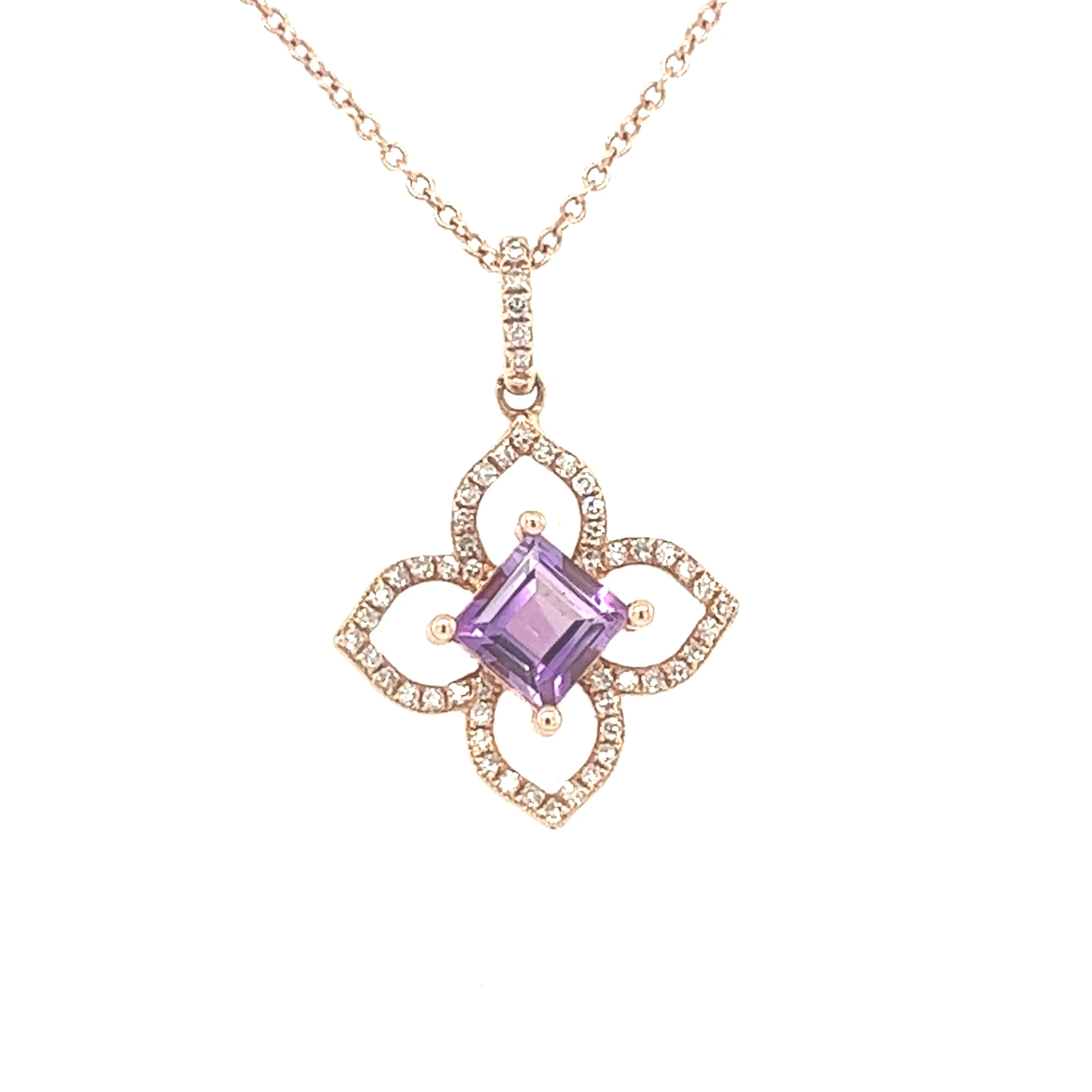 14K Rose Gold Amethyst and Diamond Flower Pendant Necklace Length 16"