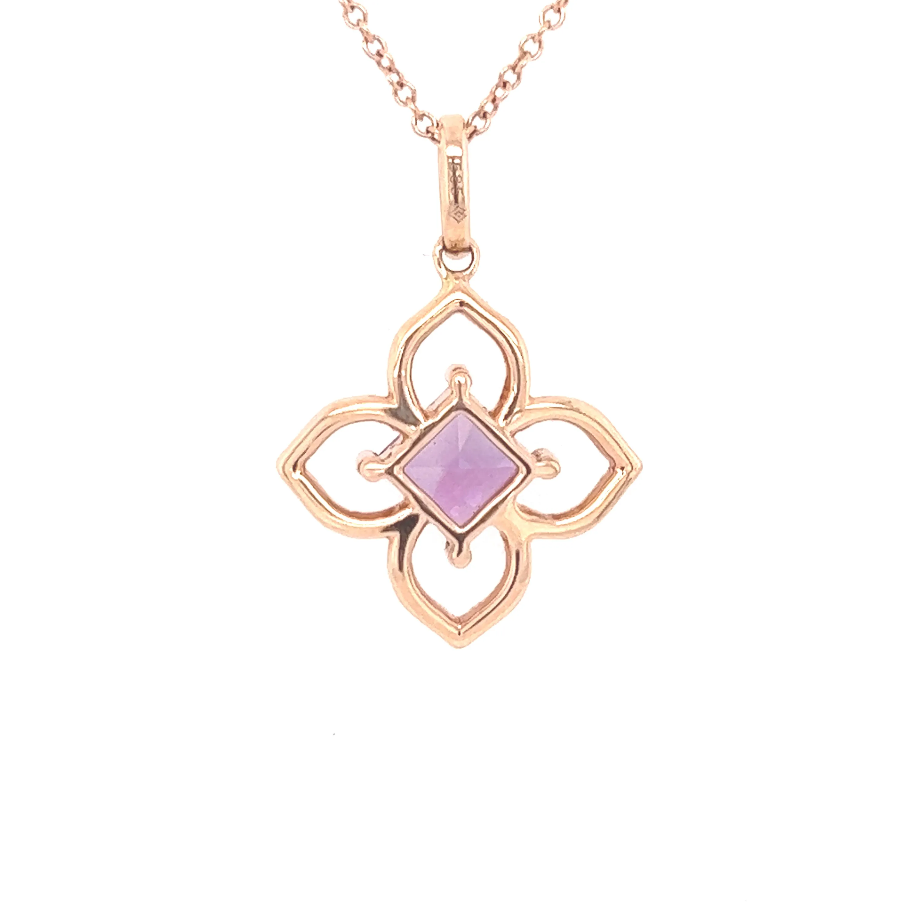 14K Rose Gold Amethyst and Diamond Flower Pendant Necklace Length 16"