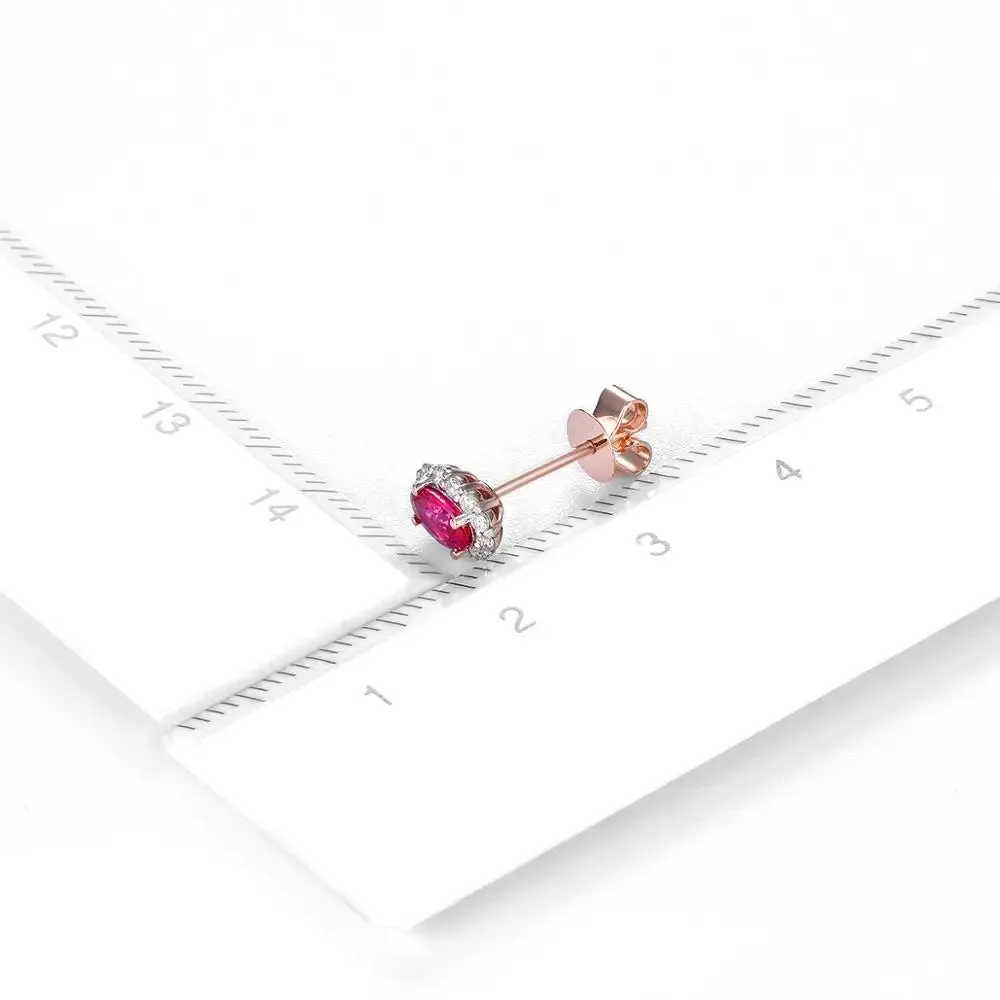 14K Rose Gold Natural Ruby and Diamond Stud Earrings - 0.55 Carat Ruby, 0.175 Carat Diamond - Elegant Jewelry for Women