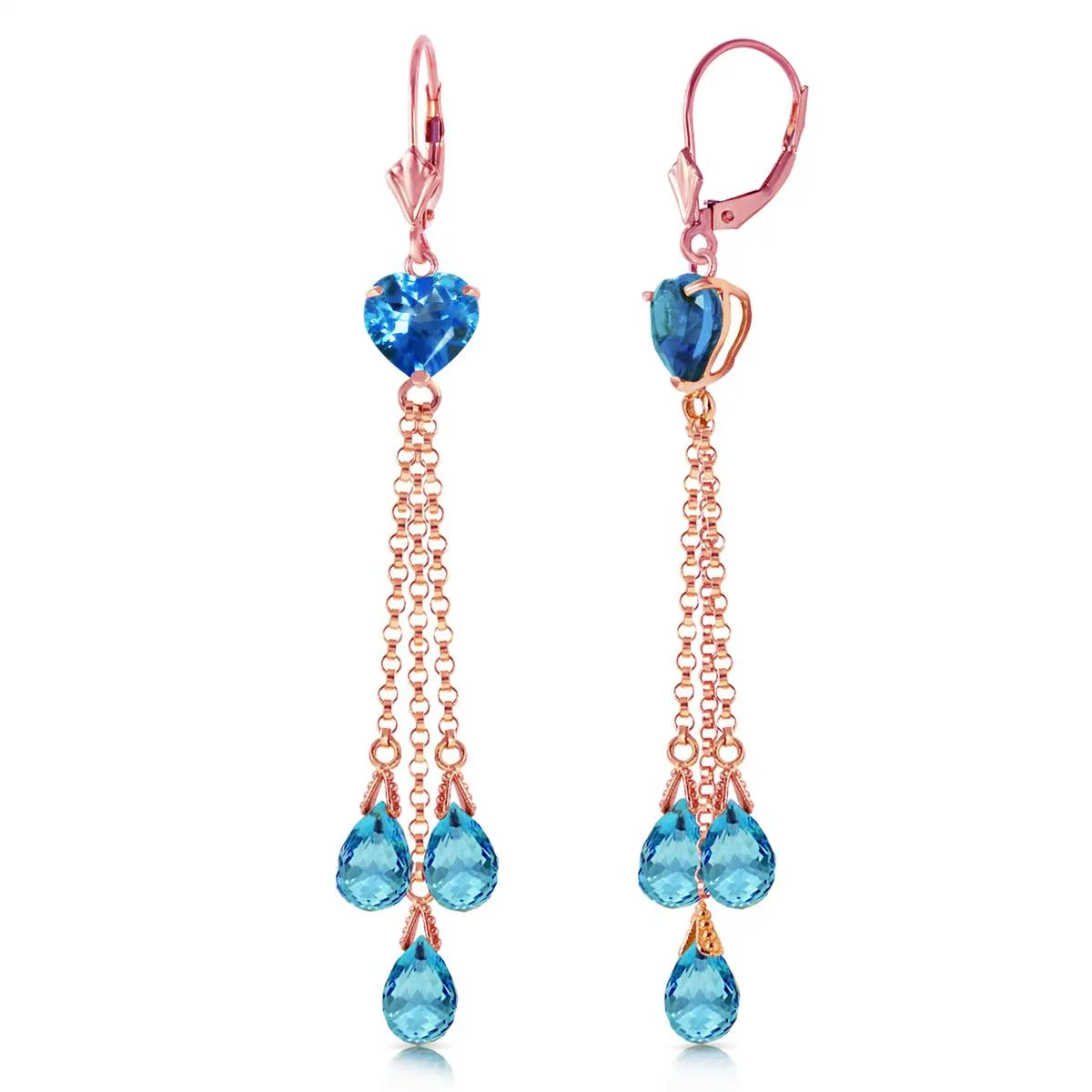 14K Solid Rose Gold Chandelier Briolette Blue Topaz Earrings