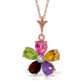 14K Solid Rose Gold Necklace w/ Natural Multi Gemstones & Diamond