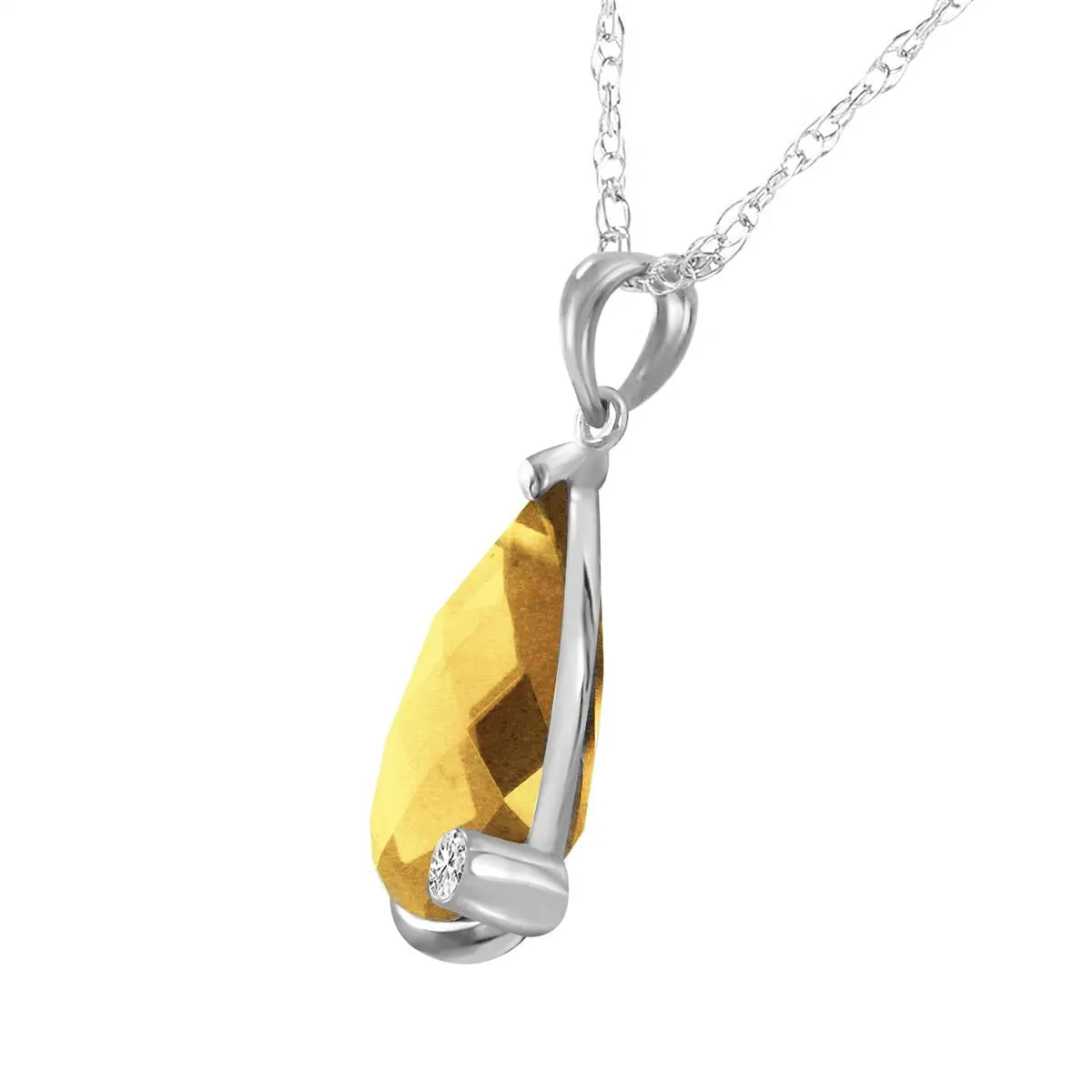 14K Solid White Gold Necklace w/ Briolette Checkerboard Cut Citrine & Diamond