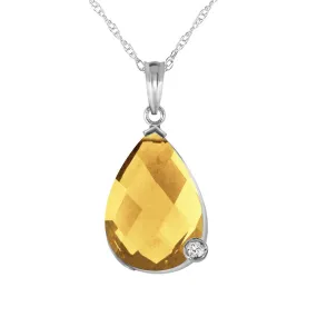 14K Solid White Gold Necklace w/ Briolette Checkerboard Cut Citrine & Diamond