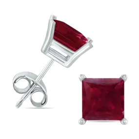 14K White Gold 4Mm Square Ruby Gemstone Earrings