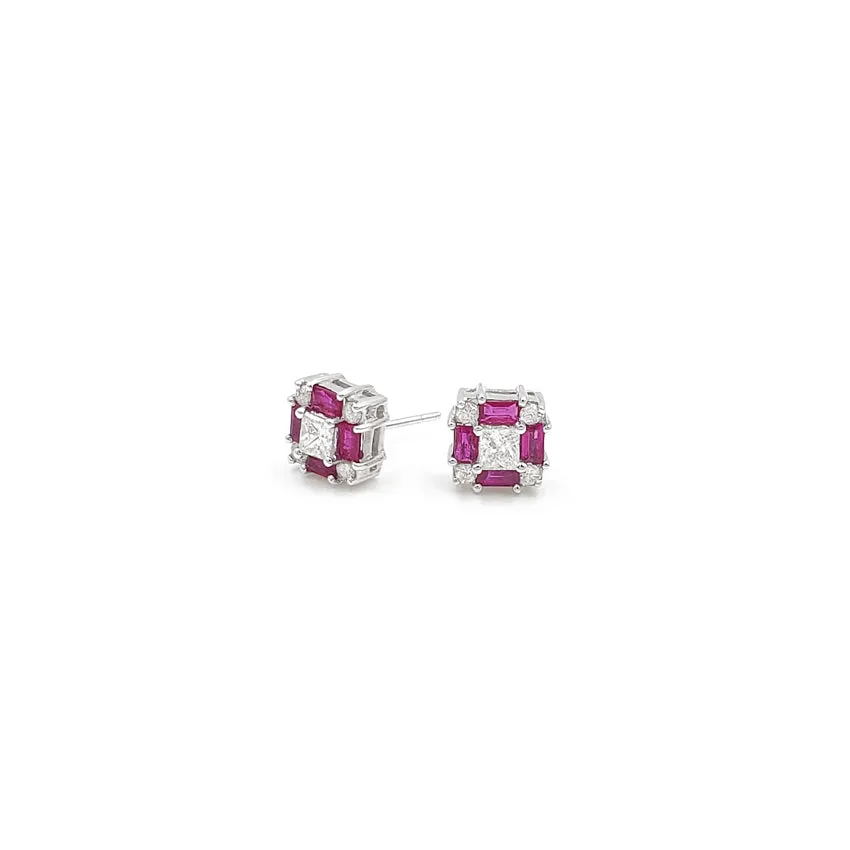 14K White Gold Diamond and Ruby Stud Earrings