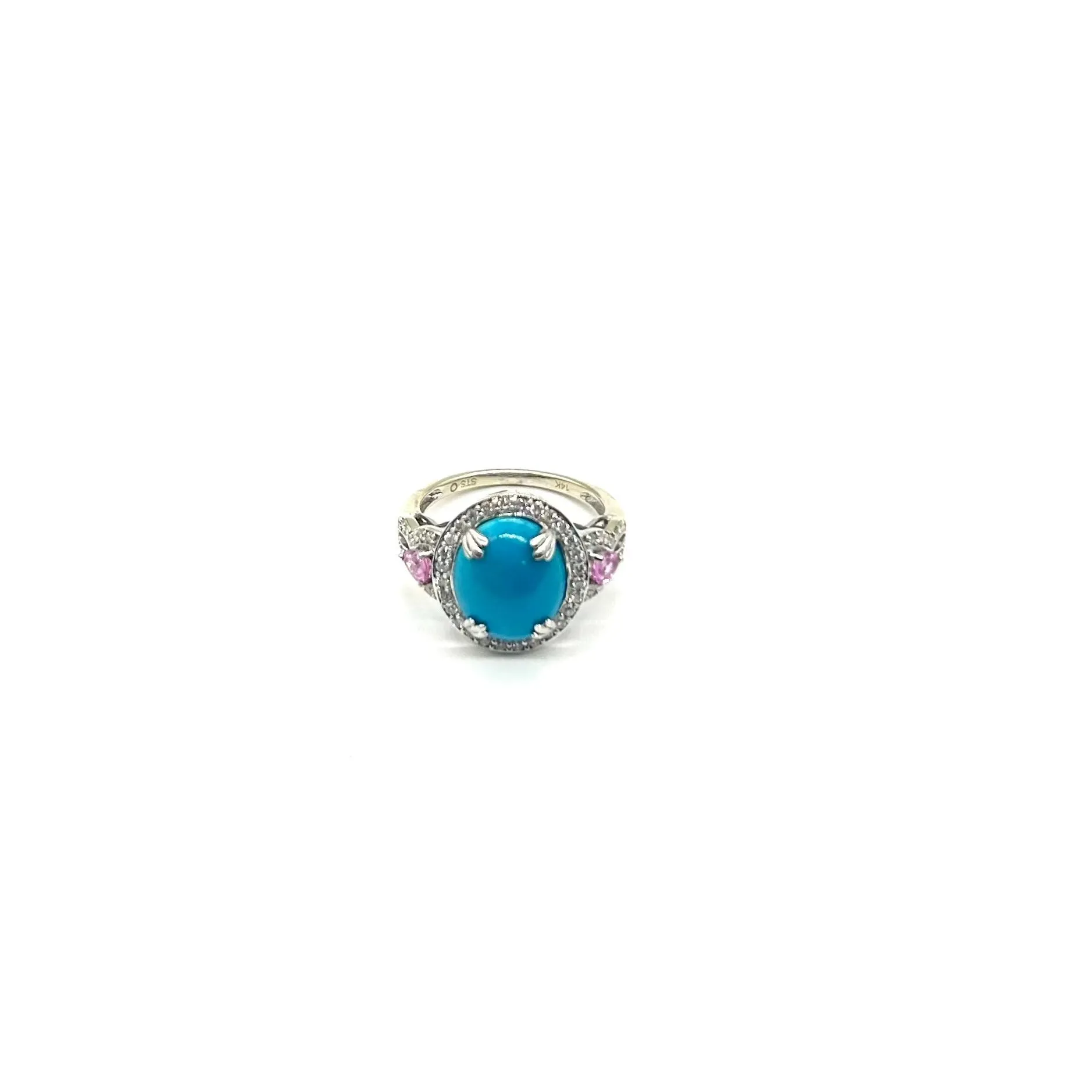 14K White Gold, Diamond, Turquoise, and Pink Sapphire Ring