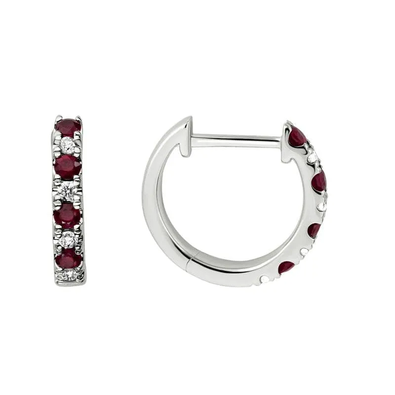 14K WHITE GOLD RUBY AND DIAMOND HUGGIE HOOP EARRINGS