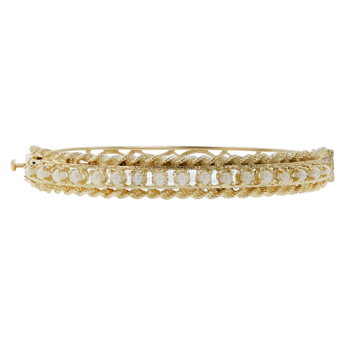 14K Yellow Gold Pearl and Rope Border Bangle