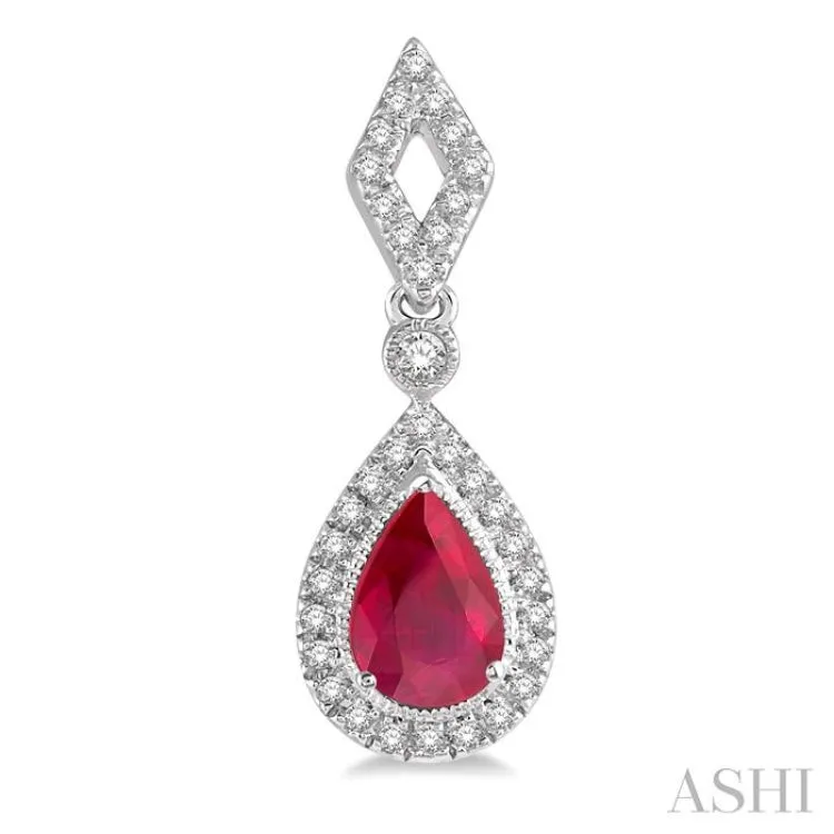 1/5 ctw Pear Shape 5x3mm Ruby & Round Cut Diamond Precious Earring in 10K White Gold