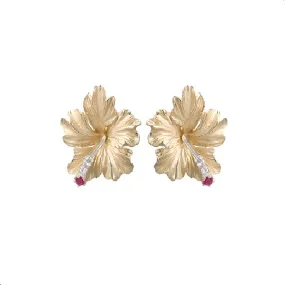 15mm 14k Hibiscus Earrings with 4 diamonds and 2 rubies