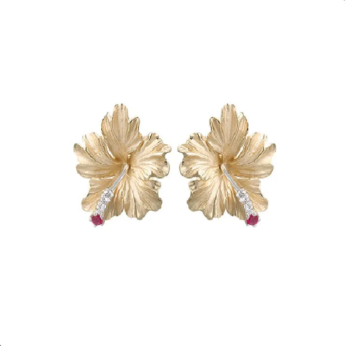 15mm 14k Hibiscus Earrings with 4 diamonds and 2 rubies