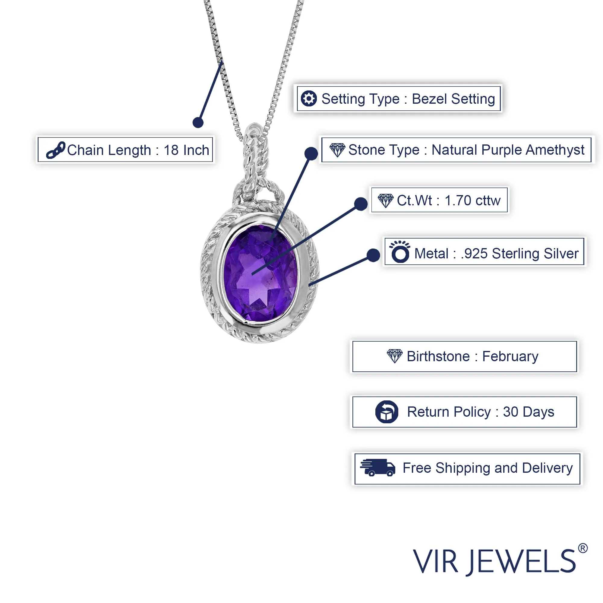 1.70 cttw Purple Amethyst Pendant Necklace .925 Sterling Silver 9x7 MM Oval