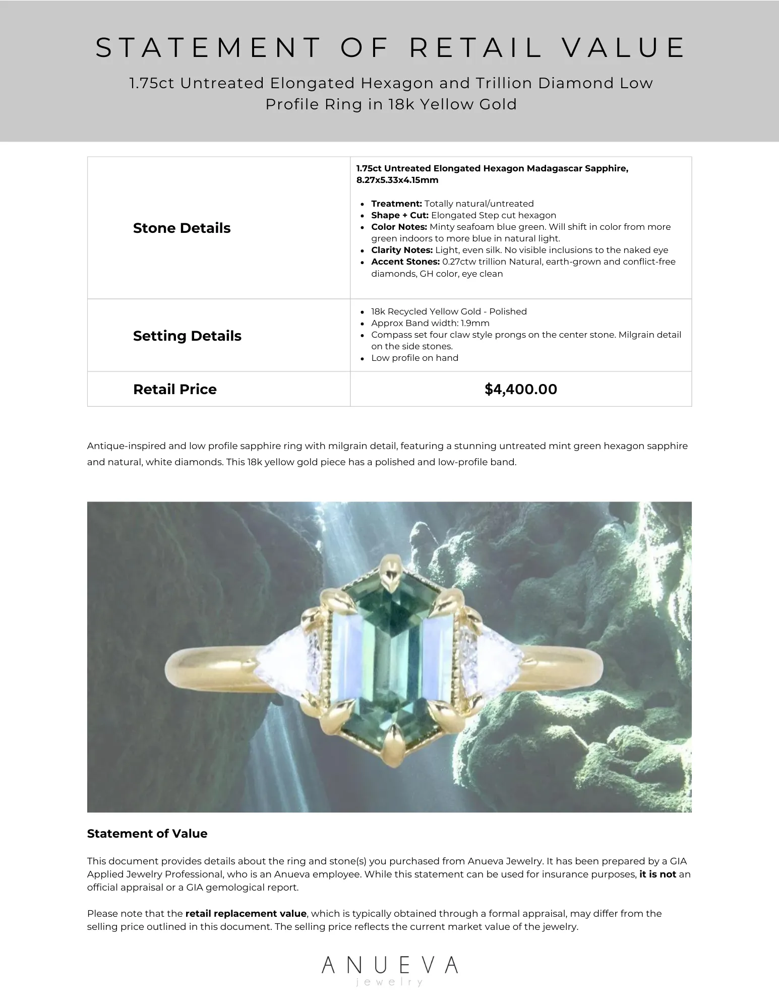 1.75ct Untreated Elongated Hexagon and Trillion Diamond Low Profile Ring in 18k Yellow Gold