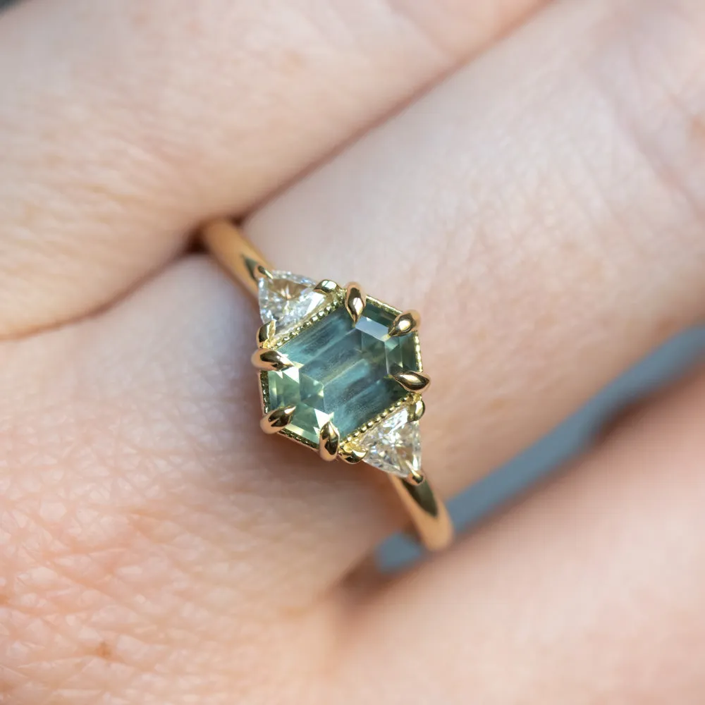 1.75ct Untreated Elongated Hexagon and Trillion Diamond Low Profile Ring in 18k Yellow Gold