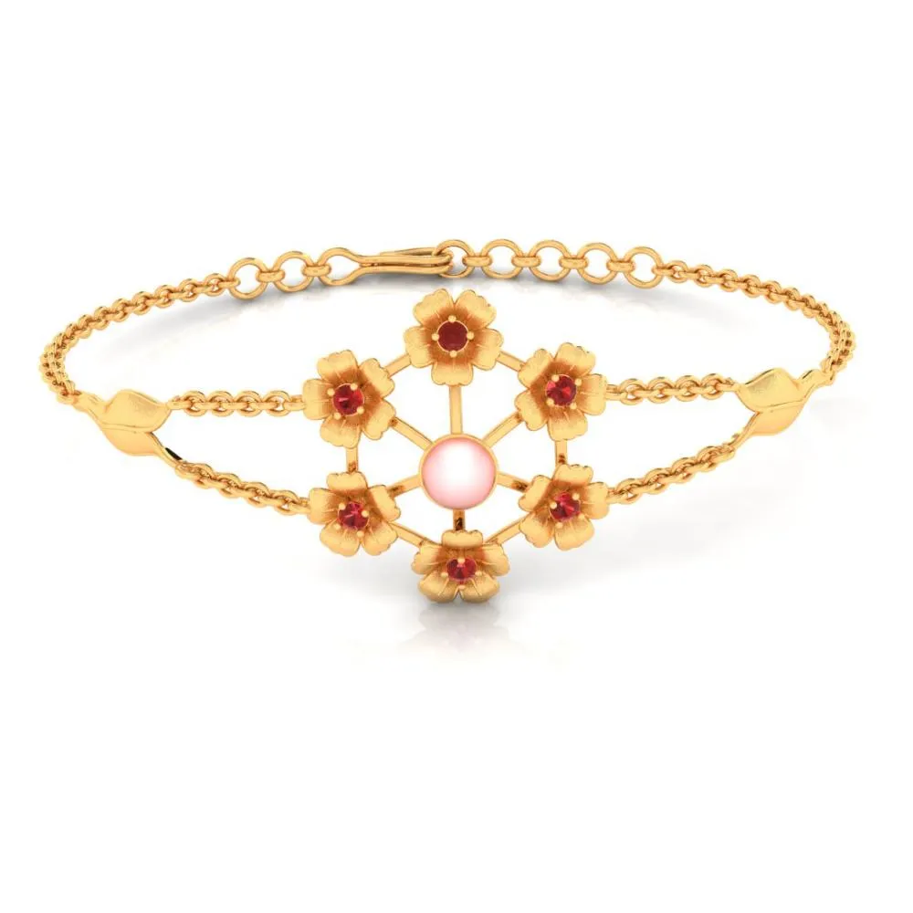 18k Multiple Flowers With Pink Pearl Gold Bracelet