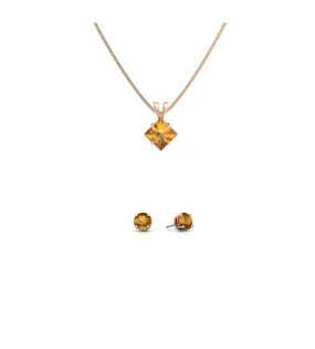 18K Rose Gold 1/2ct Citrine Square 18 Inch Necklace and Round Earrings Set Plated